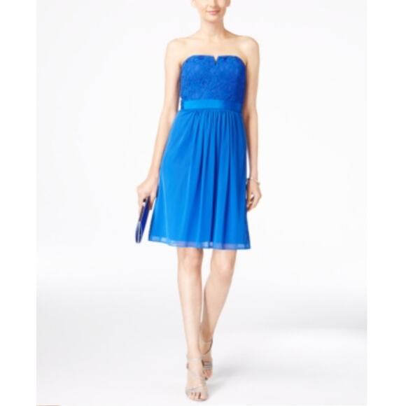 Adrianna Papell Strapless Lace Chiffon Mini Sheath Cocktail Dress Blue Size 14 - Picture 12 of 13